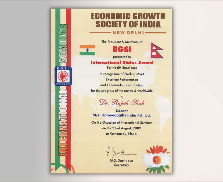 International Status Award Dr Rajesh Shah