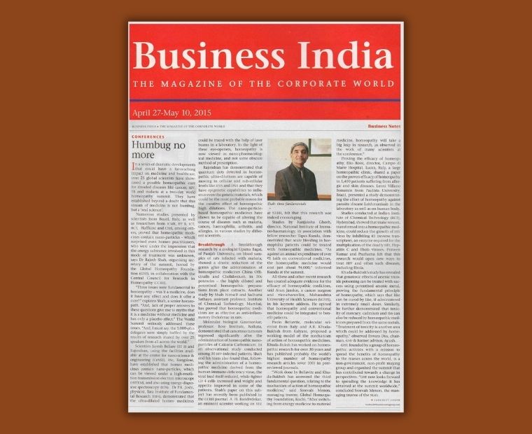 An article published in "Business India" magazine about homeopathy research