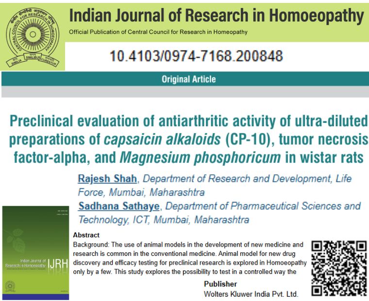 Preclinical evaluation of antiarthritic activity of ultra‑diluted preparations of capsaicin alkaloids (CP‑10), tumor necrosis factor‑alpha, and Magnesium phosphoricum in wistar rats